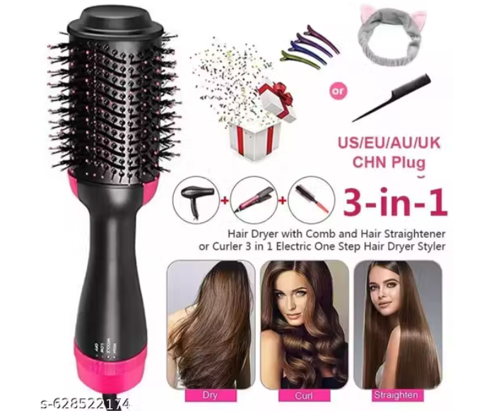 3-in-1 Hot Air Brush Hair Dryer & Volumizer – Salon Blow Dryer, Straightener & Styler with 3 Speed Settings